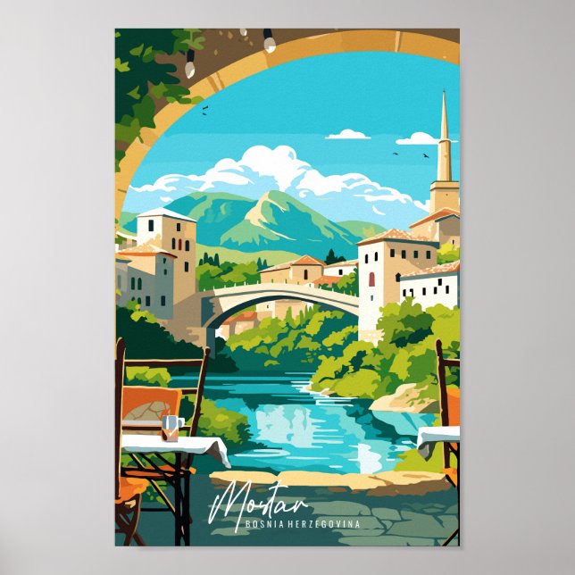 Affiche Mostar Bosnie Voyage Art Vintage Illustration (Devant)