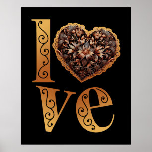 Affiche Mot amour avec cœur rose filigrané romantique
