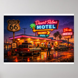 Affiche Motel Desert Palms Route 66 Lumineux