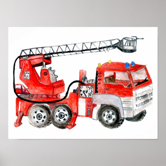 Affiche Moteur à incendie rouge, illustration de camion à  (Devant)