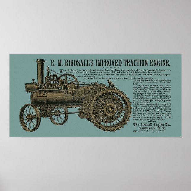 Affiche Moteur de traction à vapeur Birdsall 1889 Tracteur (Devant)