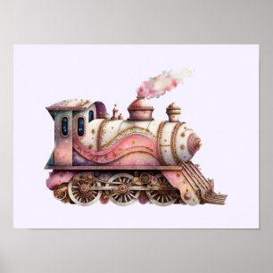 Affiche Moteur de train rose Style Steampunk Vintage