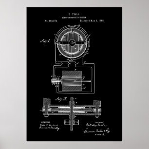 Affiche Moteur électrique magnétique Tesla 1888 Brevet