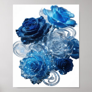 Affiche Motif artistique argent ROSES BLEUES Artistiques