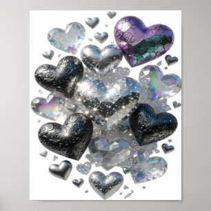 Affiche Motif artistique CŒURS ET CRISTAUX en argent chic