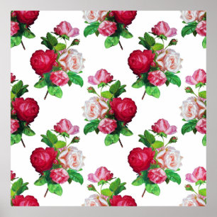 Affiche Motif aux roses rouges, blanches et roses,