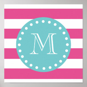 Affiche Motif blanc de rayures de roses indien, monogramme