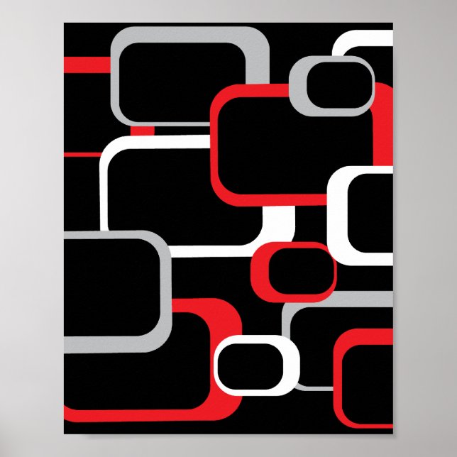 Affiche Motif Carré rétro Rouge Gris Blanc Noir (Devant)