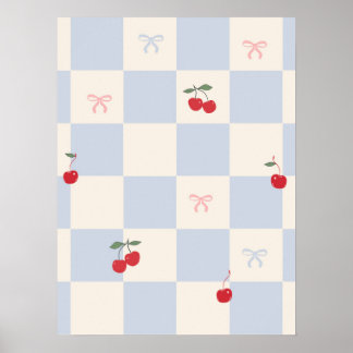 Affiche Motif carreaux bleus avec cerises