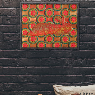 Affiche Motif chinois rouge or vert lapin Nouvel an