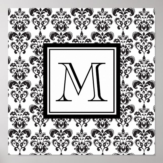 Affiche Motif Damas noir 2 avec votre Monogramme (Devant)