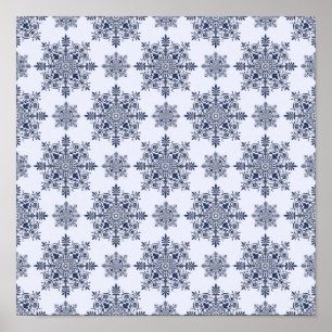 Affiche Motif damassé flocon de neige bleu
