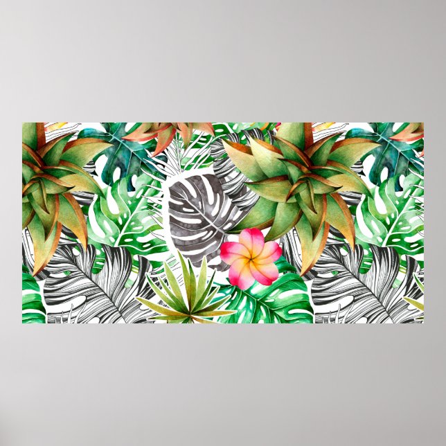 Affiche Motif d'aquarelle transparente de feuilles tropica (Devant)