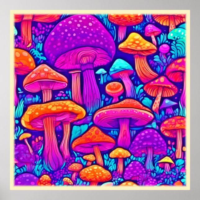 Affiche Motif de champignons colorés (Devant)