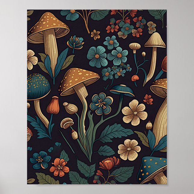 Affiche Motif de champignons et de fleurs 1 (Devant)