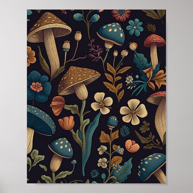 Affiche Motif de champignons et de fleurs 2 (Devant)