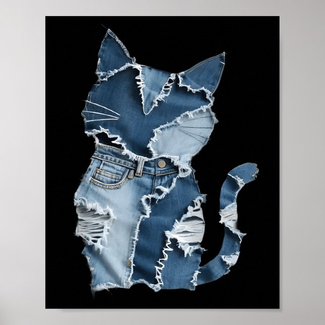 Affiche Motif de chat mignon Patchwork en jean pour amoure (Devant)