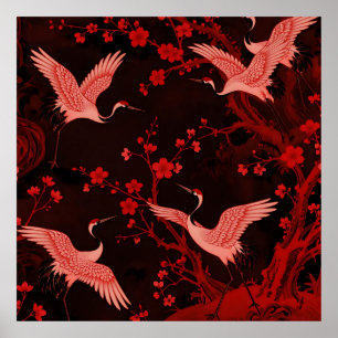 Affiche Motif de chinoiserie à fleurs de cerisier et de gr
