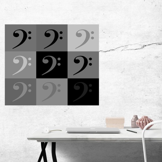 Affiche Motif de Clé de Fa Noir Gris (A poster of a bass clef pattern in various shades of gray and black.)