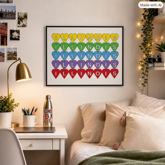 Affiche Motif de cœur de l'Illinois, conception fière de l (A poster that says Illinois in a colorful rainbow heart pattern.)