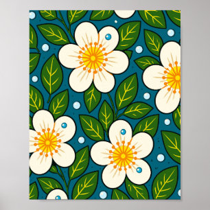 Affiche Motif de fleurs blanches crémeuses avec des feuill