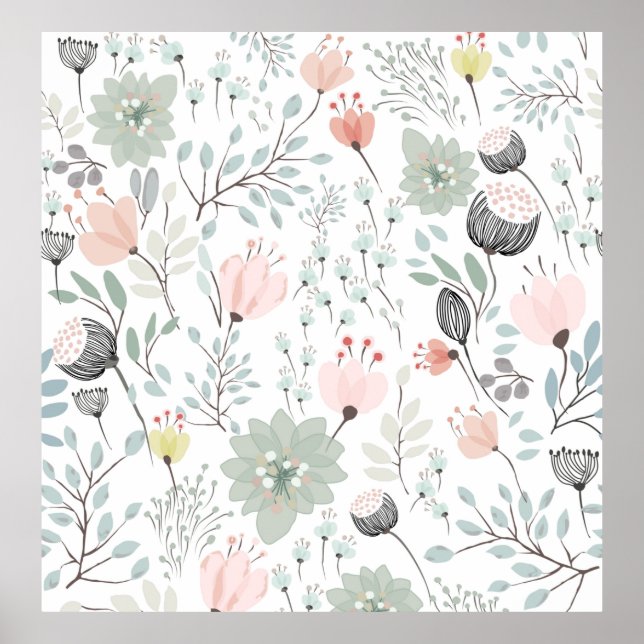 Affiche Motif de fleurs et feuilles en vert tropical et ro (Devant)