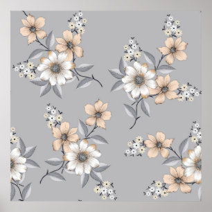 Affiche motif de fleurs grises et blanches sur fond gris