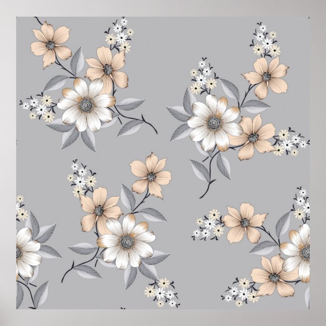 Affiche motif de fleurs grises et blanches sur fond gris (Devant)
