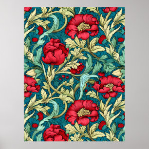 Affiche Motif de fleurs rouges inspiré de William Morris
