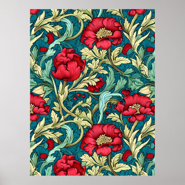 Affiche Motif de fleurs rouges inspiré de William Morris (Devant)