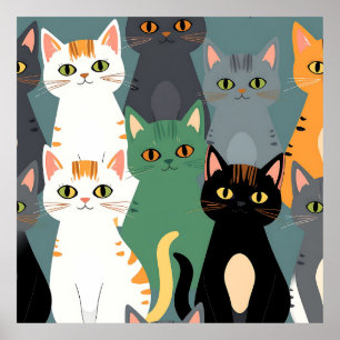 Affiche Motif de foule de chats de dessin animé colorés