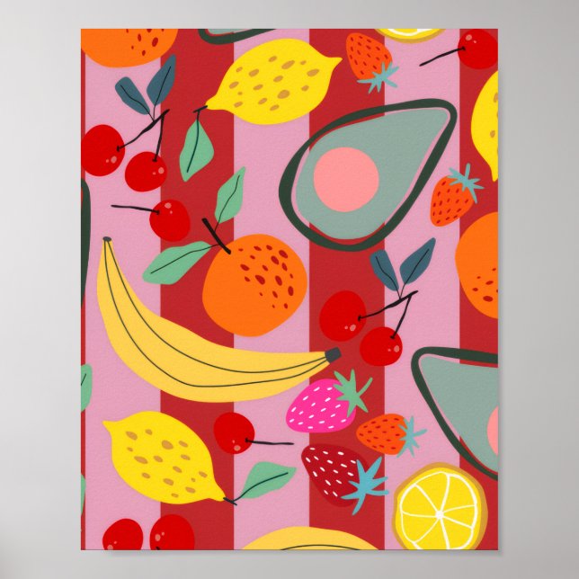 Affiche Motif de fruits à rayures rouges et roses  (Devant)