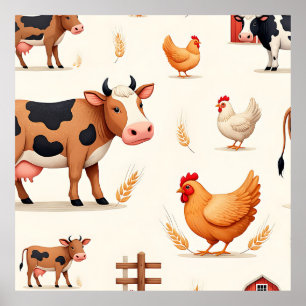 Affiche Motif de grange d'animaux de ferme mignons