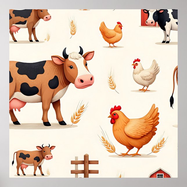 Affiche Motif de grange d'animaux de ferme mignons (Devant)
