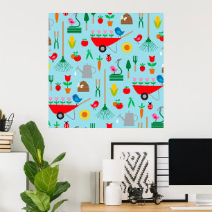 Affiche Motif de jardin Fleurs printanières et outils de j
