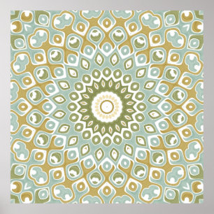 Affiche Motif de mandala géométrique doux de sauge et d'or