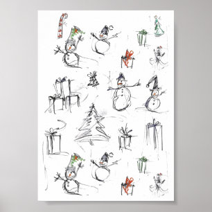 Affiche Motif de Noël mignon avec Snowman, Tree et Gif