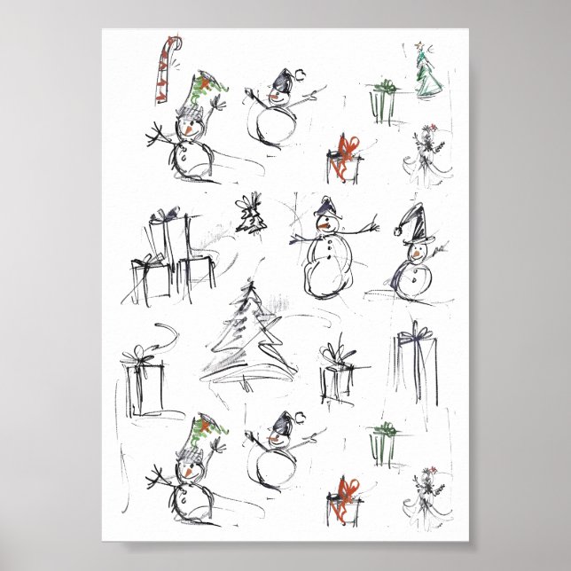 Affiche Motif de Noël mignon avec Snowman, Tree et Gif (Devant)