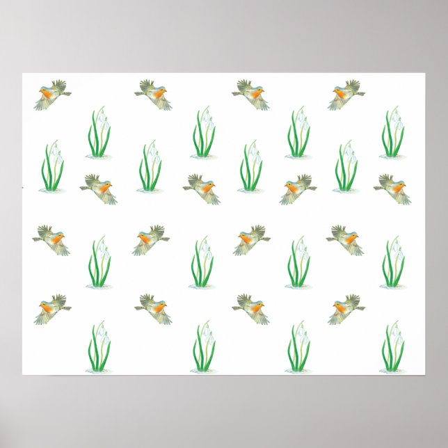Affiche Motif de printemps Red Robin Birds et Snowdrops (Devant)