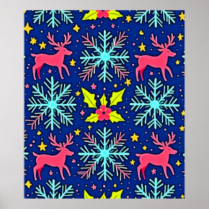 Affiche Motif de Renne de Noël Bleu Foncé Design