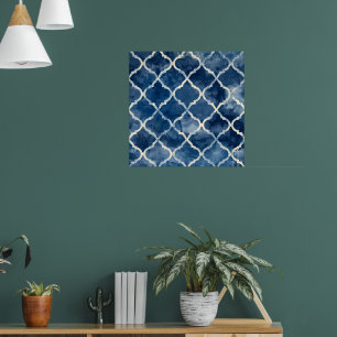 Affiche Motif de tuiles arabesques - Mur géométrique bleu
