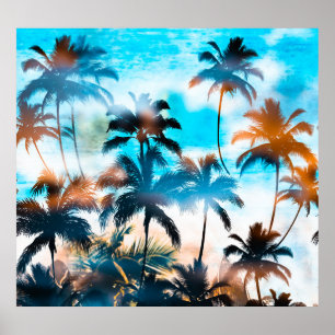 Affiche Motif d'été, arbres tropicaux, ciel.
