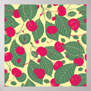 Affiche Motif d'été de couleur vive avec cerises. Grappe