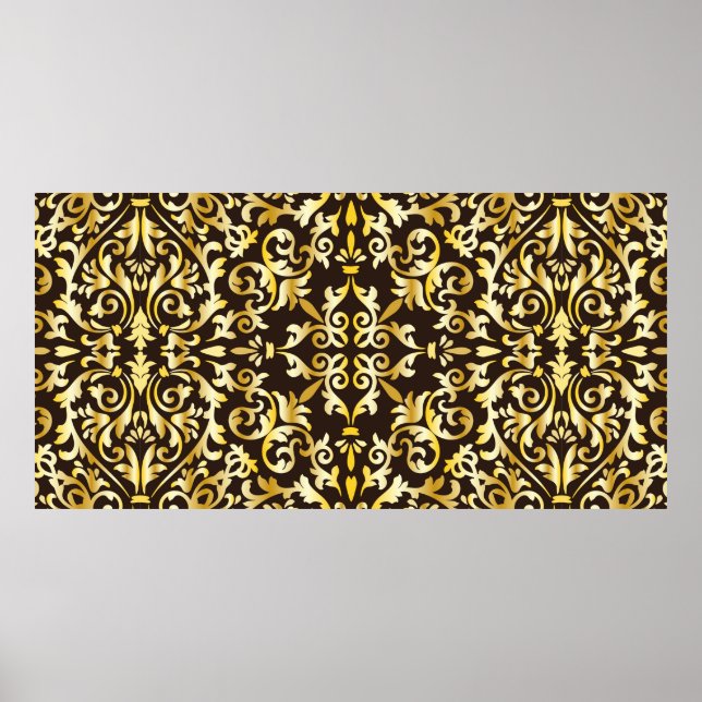 Affiche Motif doré baroque sans couture sur fond noir (Devant)