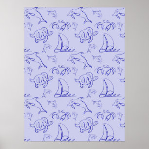 Affiche Motif d'une ligne d'animal marin et voilier