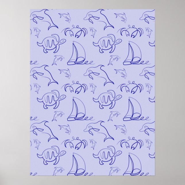 Affiche Motif d'une ligne d'animal marin et voilier (Devant)