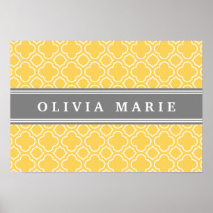Affiche Motif élégant à Quatrefoil Jaune avec nom