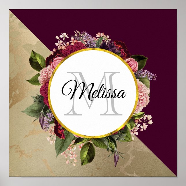Affiche Motif en marbre d'or et Monogramme de fleurs de Bo (Devant)