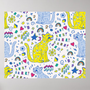 Affiche motif enfantin avec tigre, lettres, arcs-en-ciel,