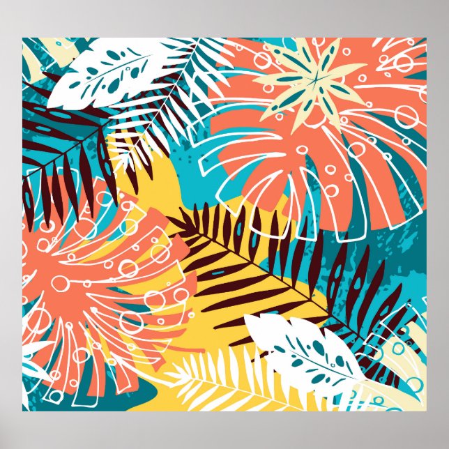 Affiche Motif feuille de la jungle tropicale colorée. (Devant)
